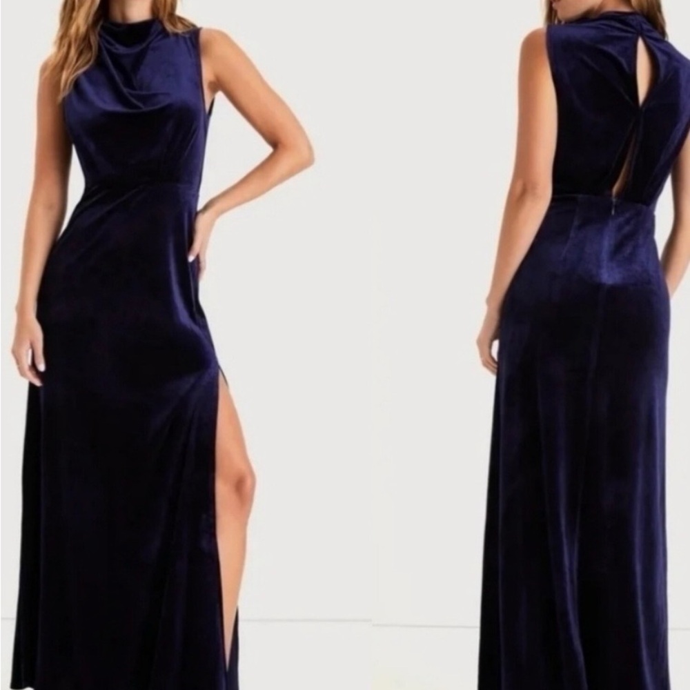 Lulu's Navy Velvet High-Slit Maxi Gown